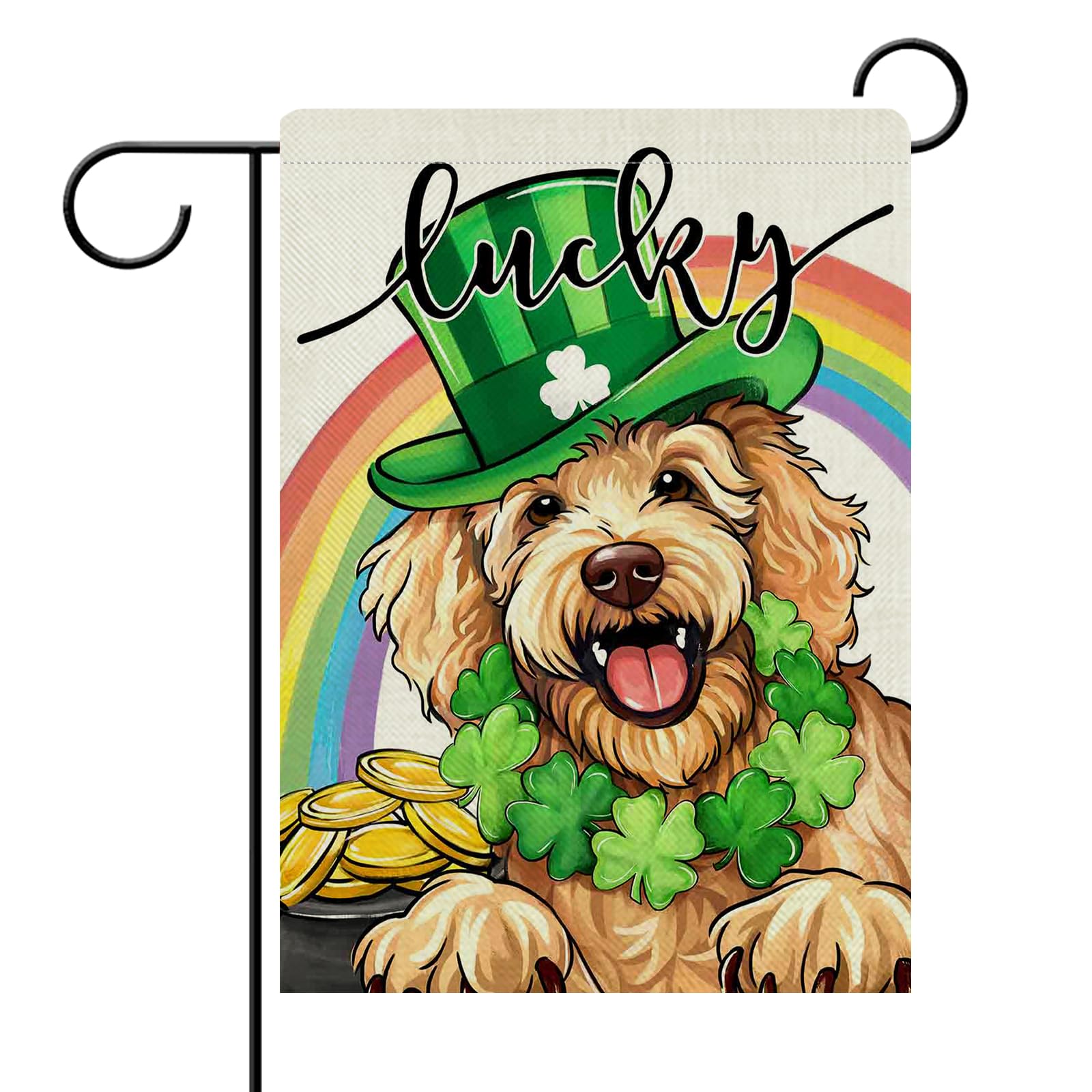 Stosts St Patricks Day Goldendoodle Dog Decorative Garden Flag, Lucky Shamrock Clover Rainbow Yard Outside Home Decor Pet Lover Gift, Spring Irish Burlap Outdoor Small Decoration Double Sided 12 x 18
