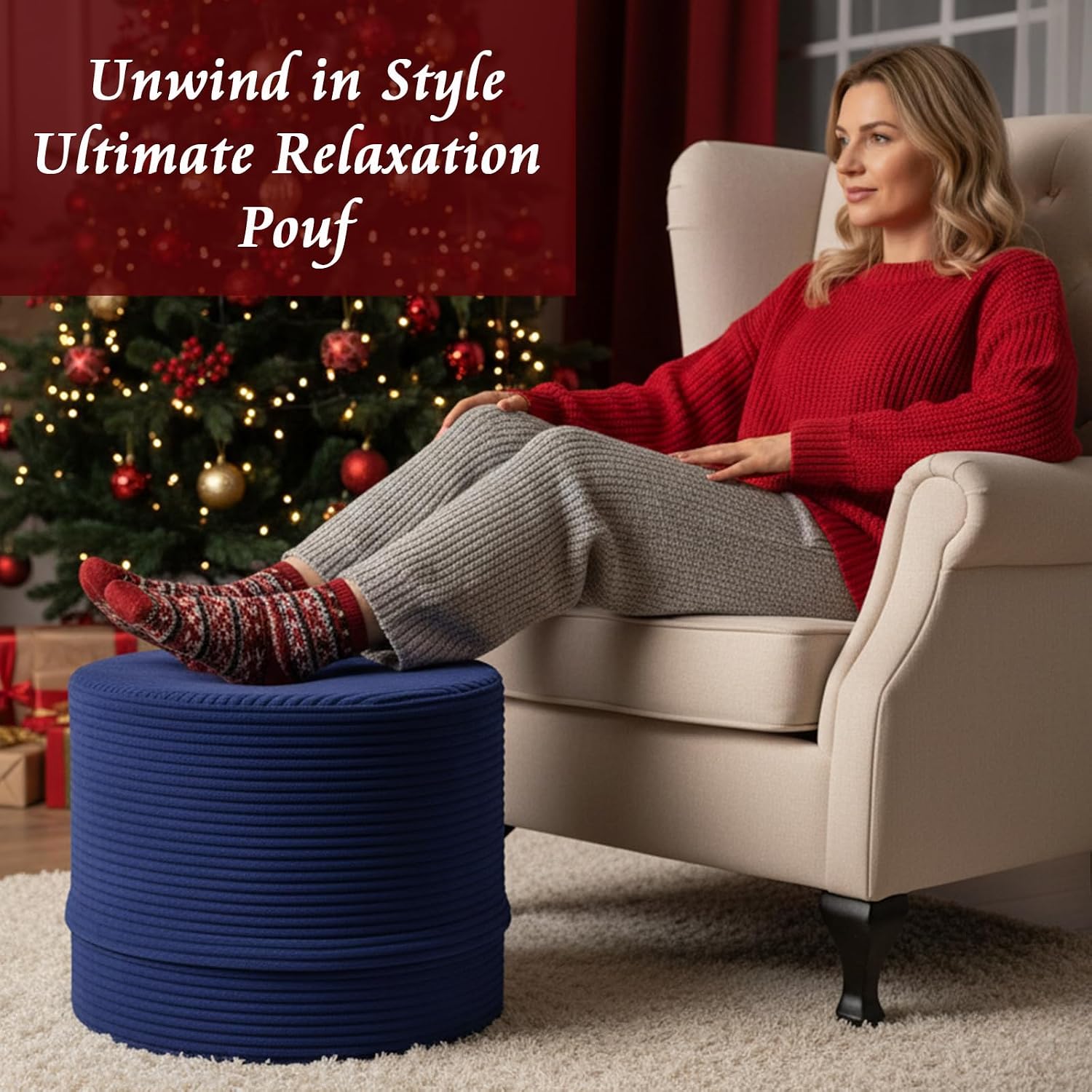 LITA Round Stuffed Pouf Ottoman, Corduroy Poufs with High-Density Foam Filling and Washable Cover, Furry and Fluffy Bean Bag Foot Stools Ottoman for Living Room, Bedroom, Office, Navy Blue