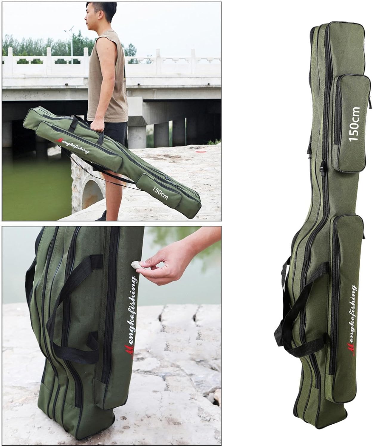 Fishing Rod Case Oxford Fishing Bag Portable Folding Fishing Rod Reel Tackle Tool Carry Case Carrier Travel Bag, Gift for Angler, Green, 2 Layers