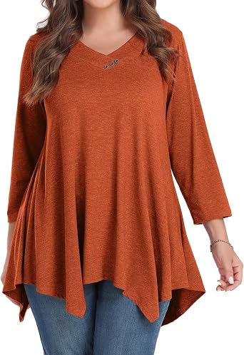 MONNURO Womens Plus Size 3/4 Sleeve Tunics V Neck Button Casual Loose Tops Plaid Shirts for Women Asymmetrical Blouses
