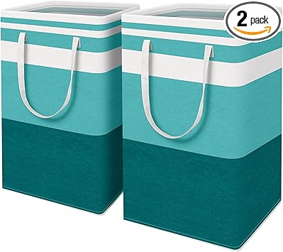 HomeHacks 2-Pack Large Laundry Basket, Waterproof, Freestanding Laundry Hamper, Collapsible Tall Clothes Hamper with Extended Handles for Clothes Toys in the Dorm and Family (Green, 88L)