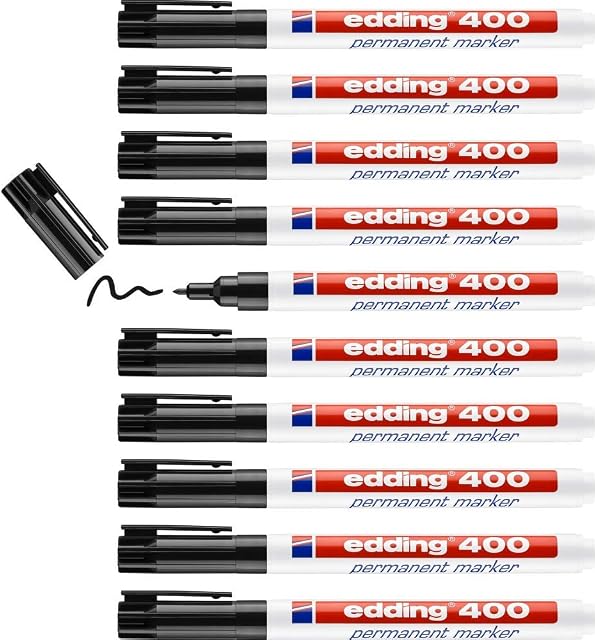 edding 400 permanent marker - black - 10 pens - fine round tip 1 mm - waterproof, quick-drying, smear-proof pens - for cardboard, plastic, wood, metal, glass and fabric