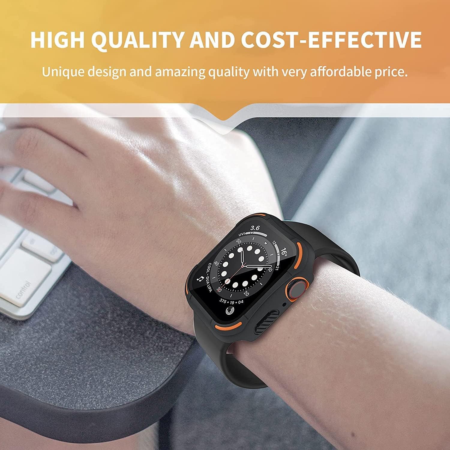 [2Pack] Tensea for Apple Watch Screen Protector Case Series 8 7 45mm Accessories, iWatch Protective PC Face Cover Built-in Tempered Glass Film, Rugged Bumper Case for Men, 45 mm, Black-Black/Orange