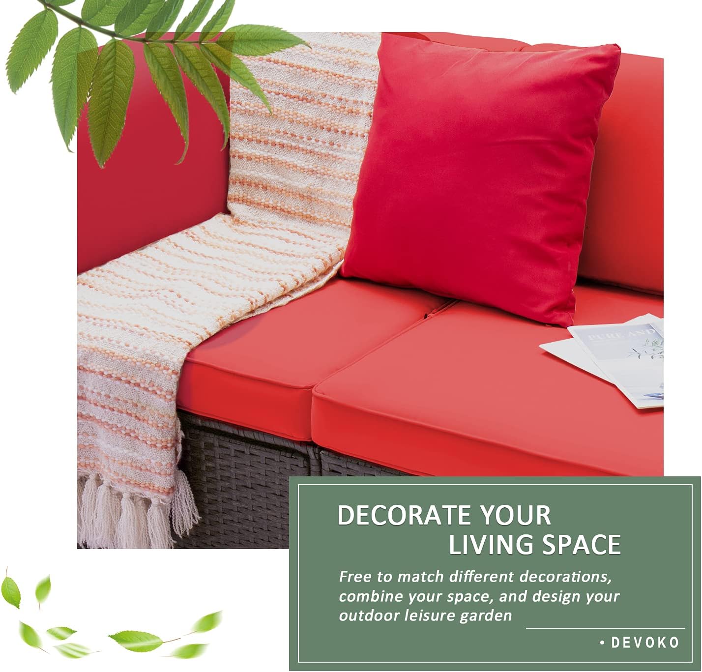 Close-up of the red cushion and dark brown rattan weave of the Devoko patio sofa.