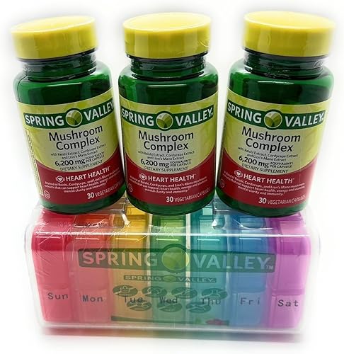 3 botellas de suplemento dietético Spring Valley Mushroom Complex, 6,200 mg, 30 cápsulas cada botella. Más bono de 7 días para píldoras.