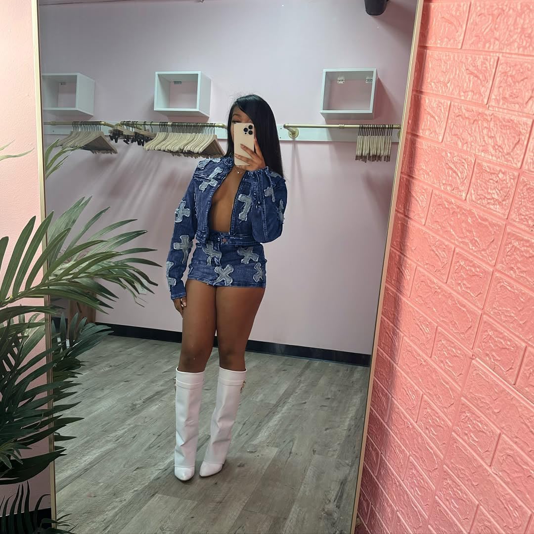 Vssjavun Women 2 Piece Denim Outfit Sexy Long Sleeve Zip Up Jean Jacket Bodycon Mini Skirt Sets - Image 4