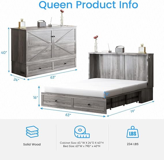 PUREMIND Queen Murphy Bed with Mattress Included for Small Space/Guest Room