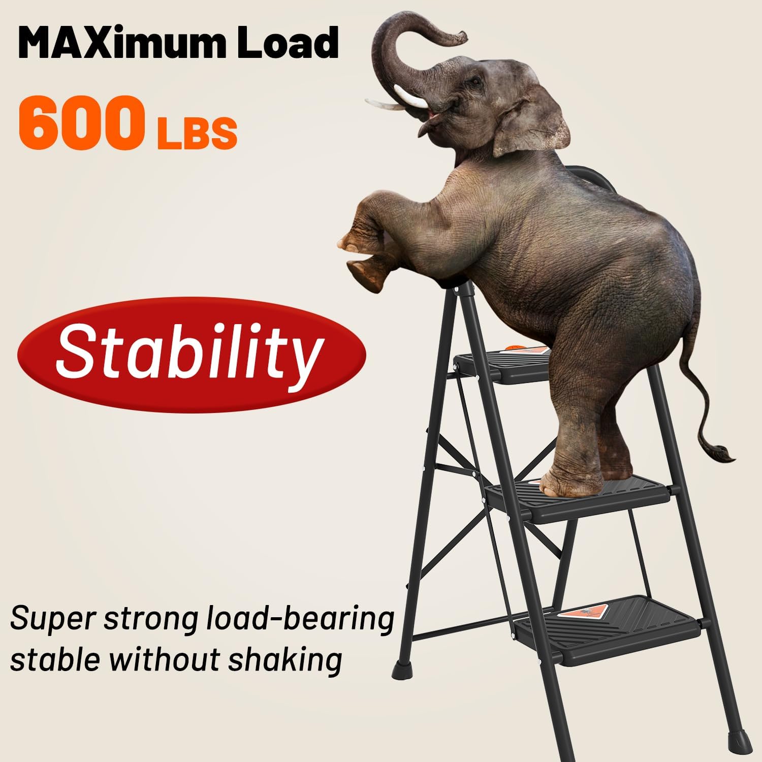 3 Step Ladder, Folding Step Stool with Extra Large & Thick Triangular Anti-Slip Pedal, Sturdy Step Ladder，600 lbs Capacity Heavy Duty Step Stool with Safety Lock for Kitchen, Garden, Home & Garage