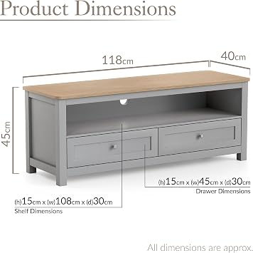 CHRISTOW TV Unit, 2 Drawers & Shelf, W118cm x D40cm x H45cm, Grey