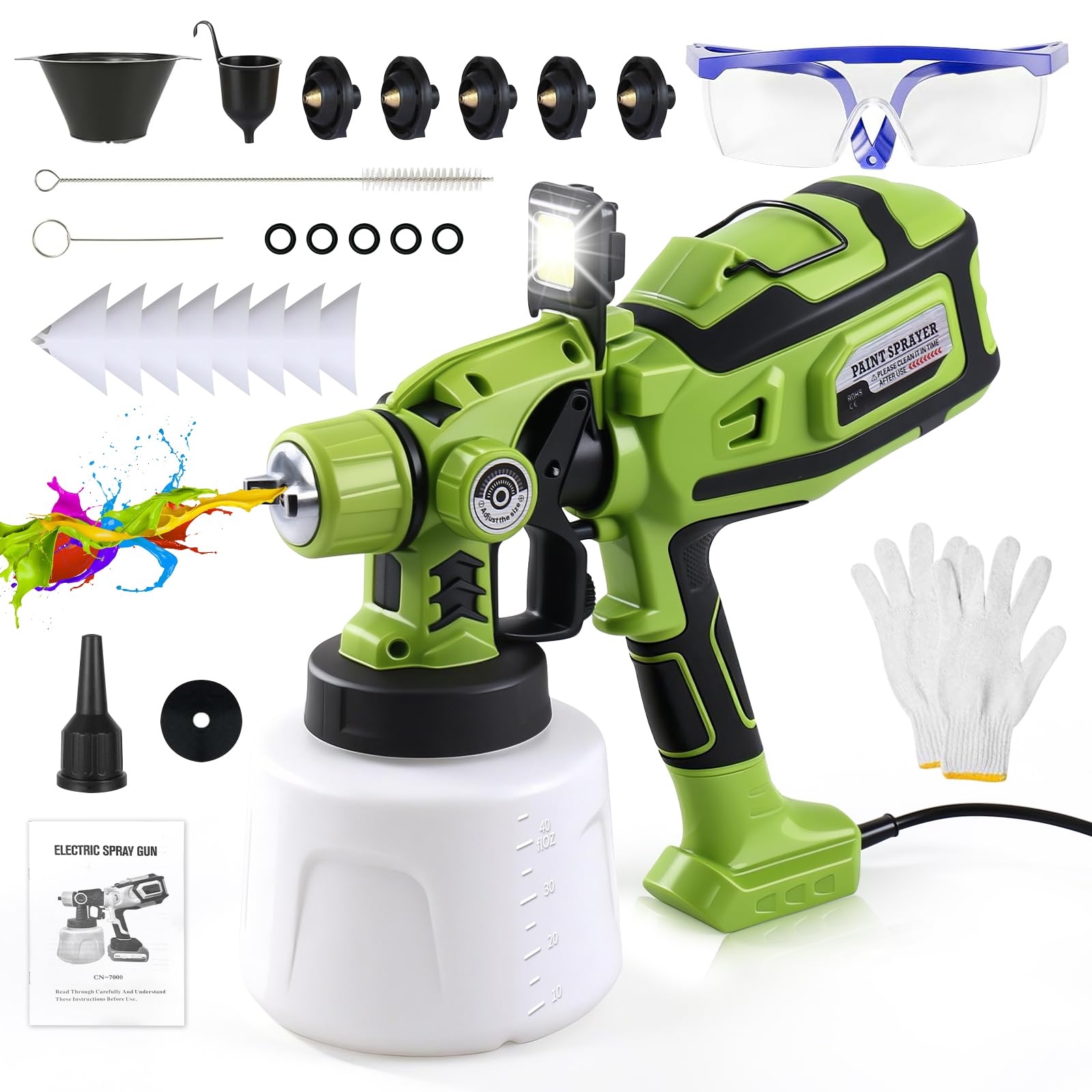 Pistola per Verniciare, 850W HVLP Pistola a Spruzzo per Verniciare con Contenitore 1400ml, 5 Ugelli in Ottone, Luce LED, Regolabili Flusso e Larghezza Spruzzatore Vernice per Muri, Pareti, Soffitti