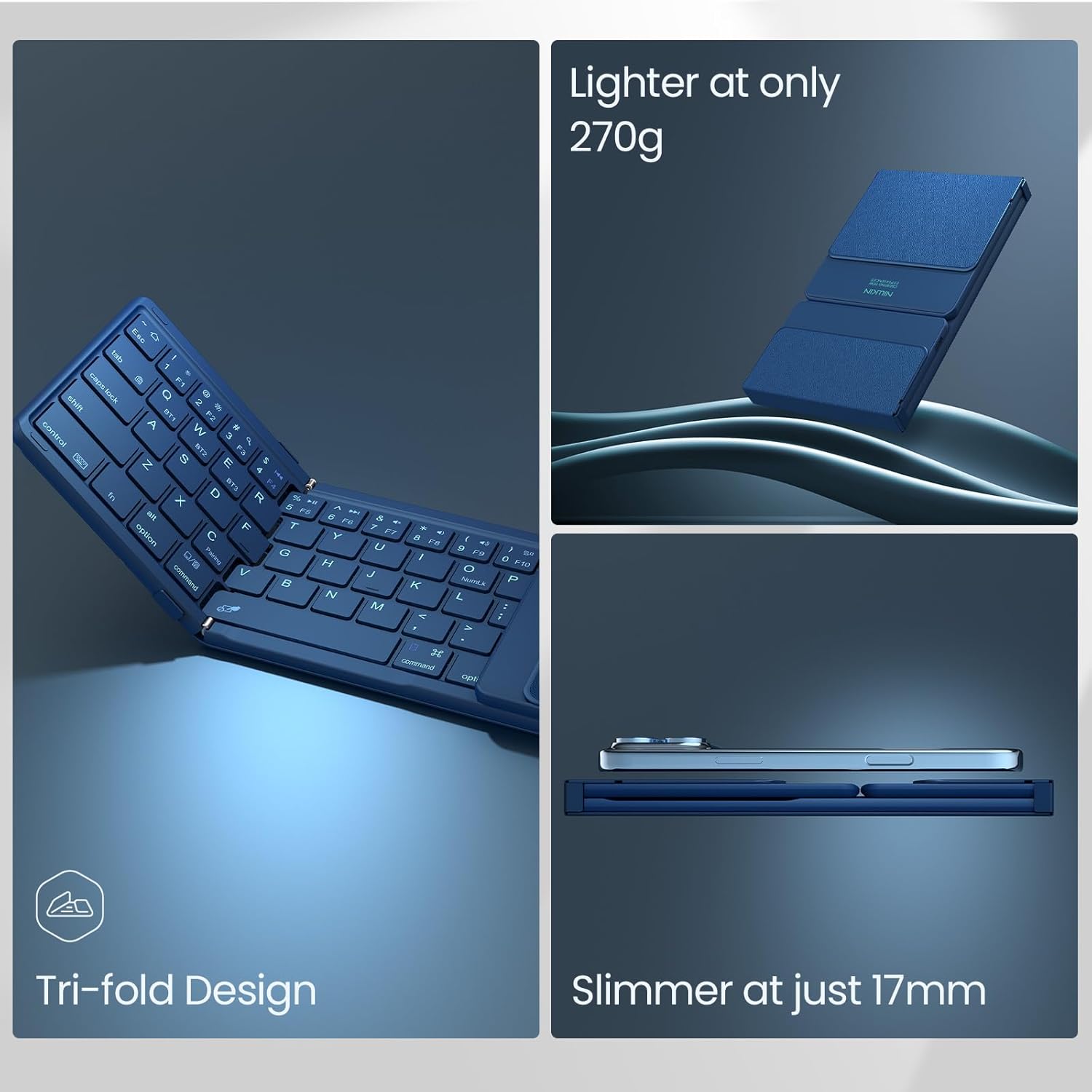 Nillkin Pocket Foldable Wireless Keyboard with Touchpad Number Pad for Travel Trip Meeting for Tablets Fold Phone Laptop PC, Full Size (Small) Magnetic Folding Keyboard (Blue)