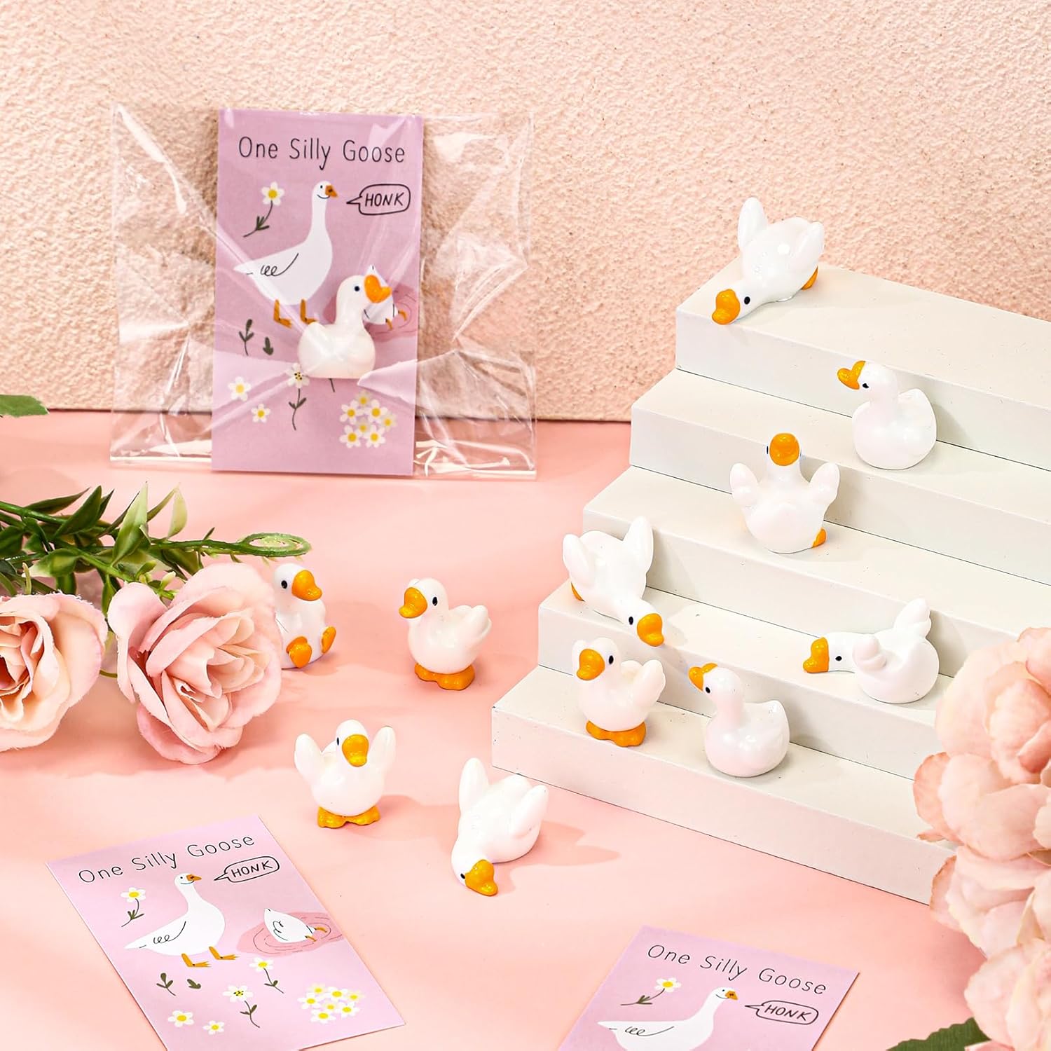 Weysat 30 Sets One Silly Goose Birthday Party Decor Baby Shower Party Favor Mini Resin Goose Figurines with Cards for Guest Birthday Decor(Pink)