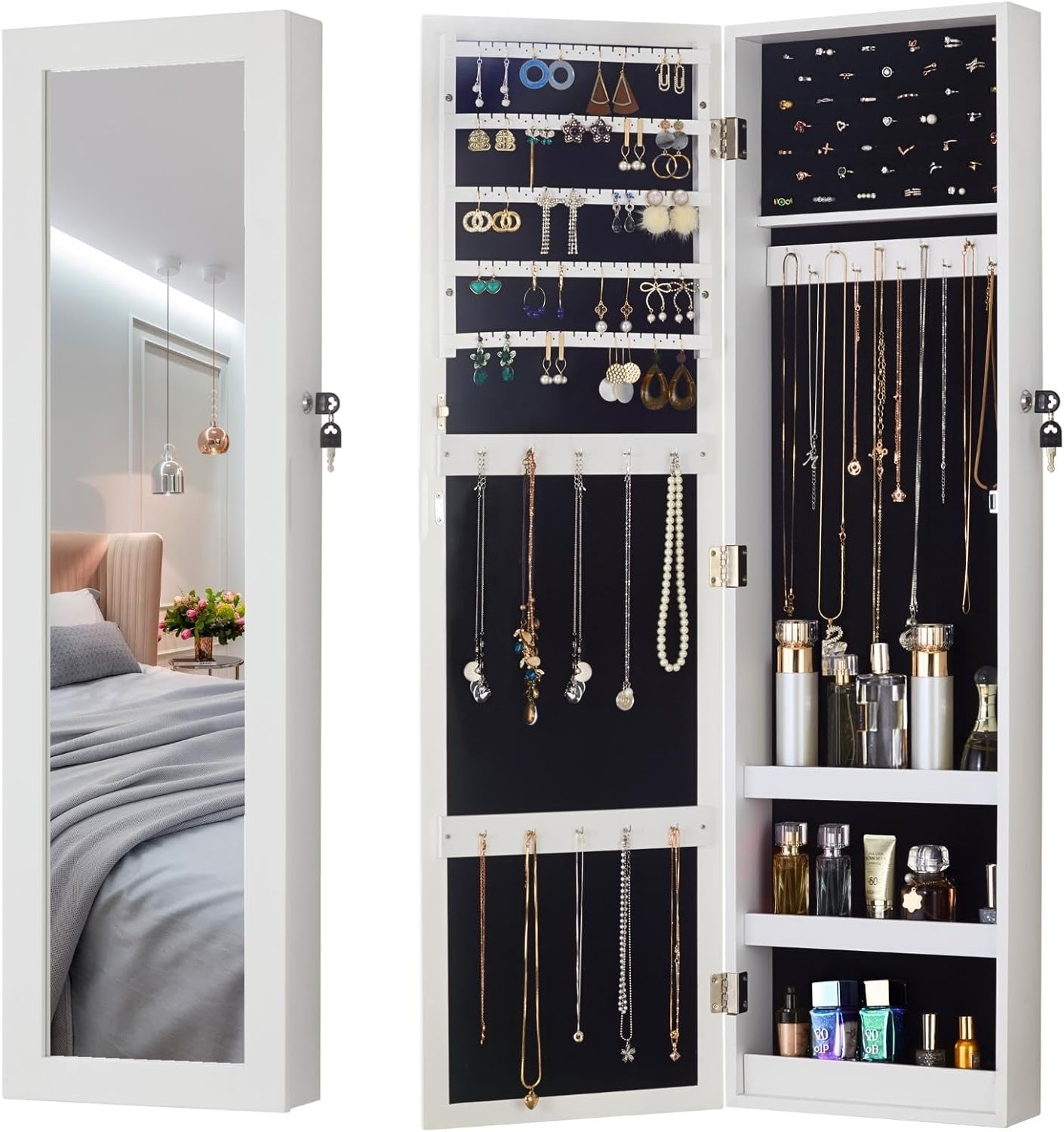 YOKUKINA Mirror Jewelry Armoire, Lockable Wall or Door