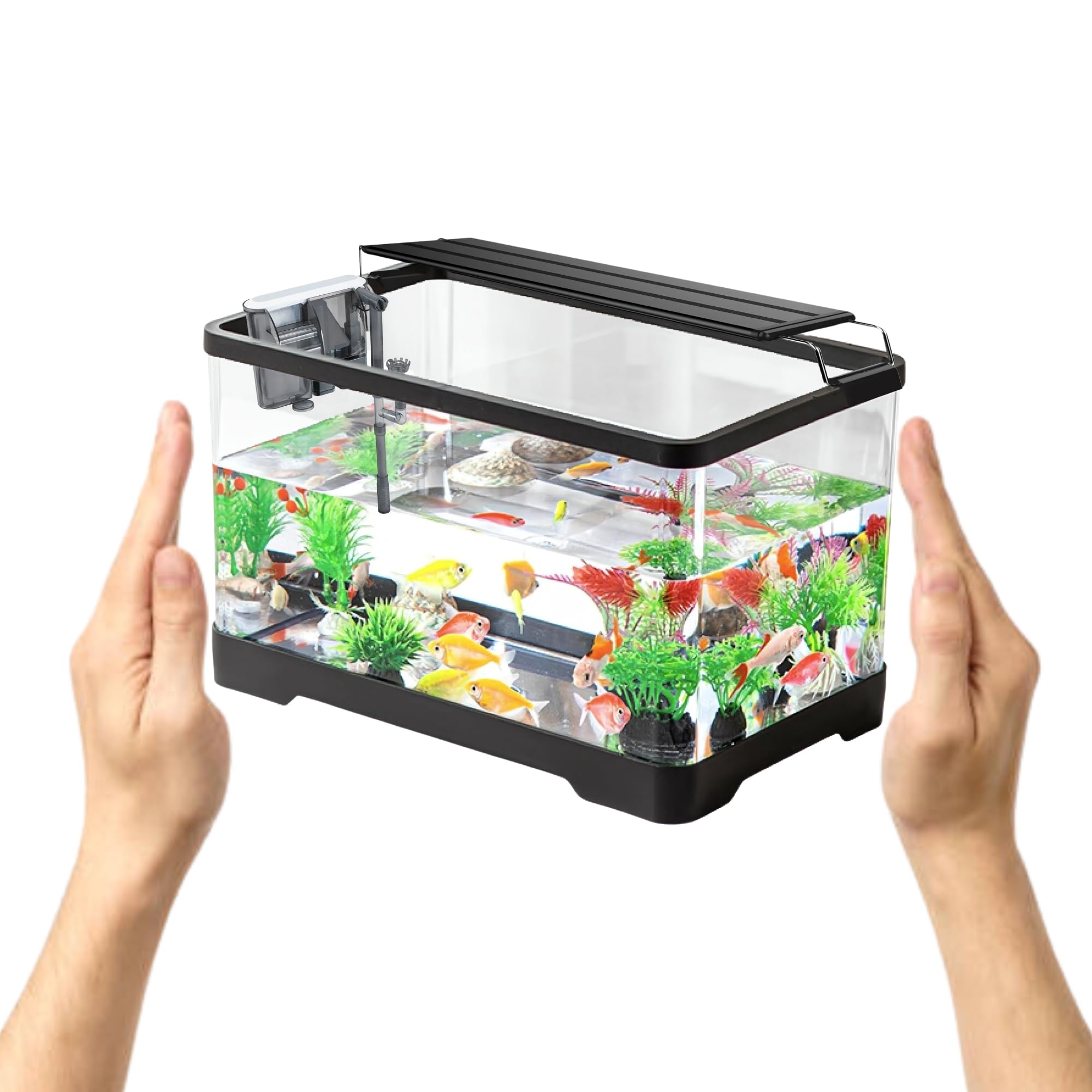 Buraq Unbreakable Curved Aquarium Fish Tank Set with Hang On Filter & Aquarium Light, Polycarbonate Material, Moulded Aquarium Tank (Small (12L x 7.7W x 7H - Inches)