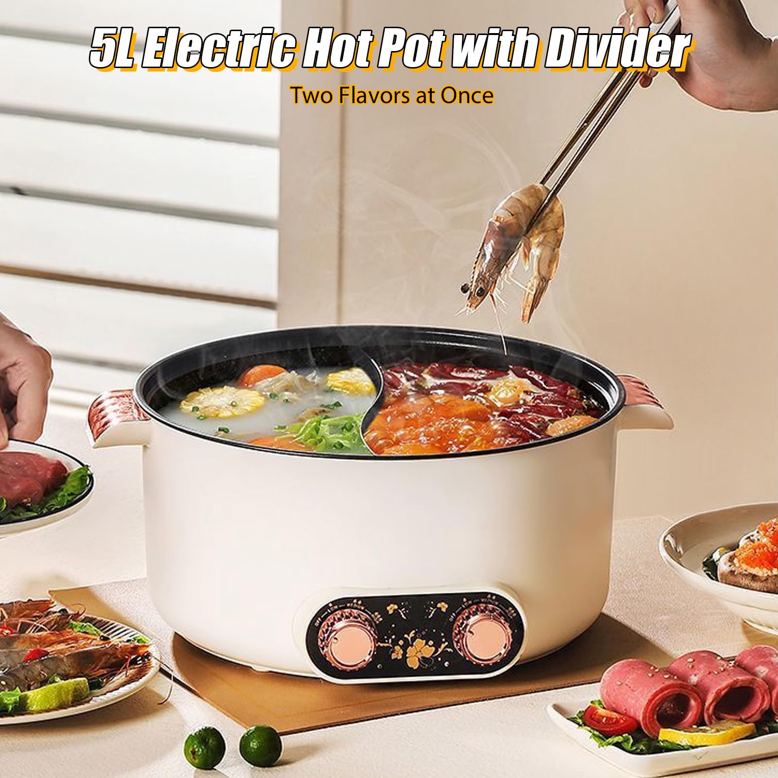 Casserole électrique à 2 côtés avec deux régulateurs 5 L marmite électrique 1350 W trois réglages de puissance poêle à frire antiadhésive multifonction rapide poêle à soupe pour rôtir ramen
