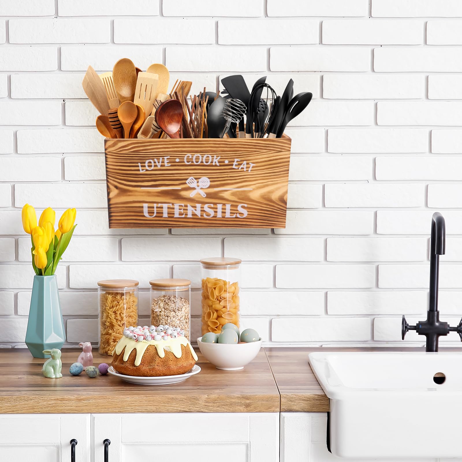 küchenutensilienhalter, Holz kochlöffelhalter, Kitchen Organizer,Utensilien-Organizer für Arbeitsplatte,Küchengeschirr Rack mit Drei Fächern,Kochwerkzeuge für Bauernhäuser für Arbeitsplatten organizer