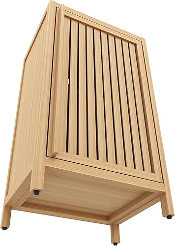 Miniatura 5 de Armario de almacenamiento independiente de bambú con puerta y estantes, diseño vertical que ahorra espacio para baño, sala de estar y entrada,