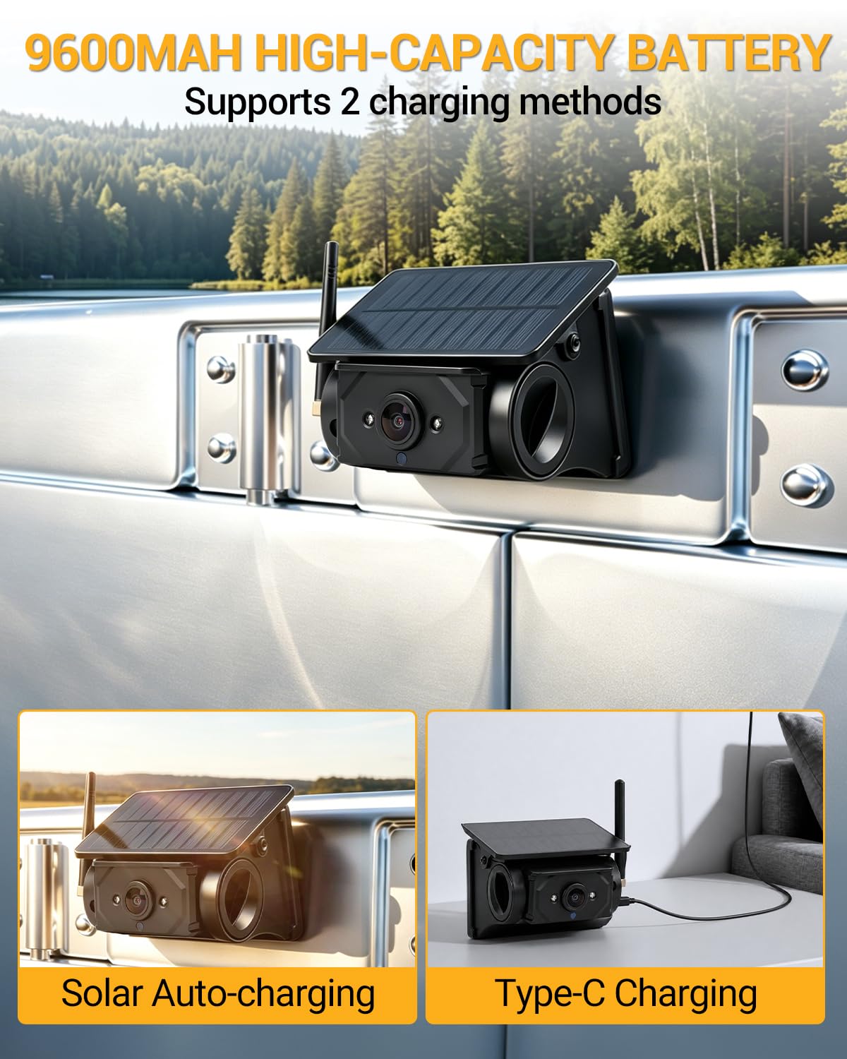 7 Pulgadas Cámara de Visión Trasera Inalámbrica | Magnética Solar con Monitor y Batería de 9600 mAh para Camiones SUV Autocaravanas y Remolques