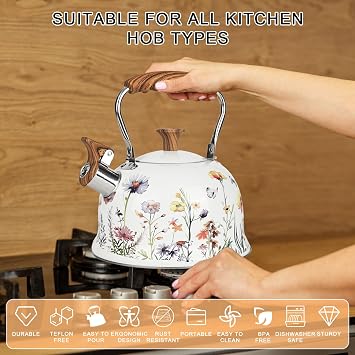 Tea Kettle - 2.7 Quart Whistling Kettle - Stove Top Kettle Gas Kettles with Anti-Hot Wood Pattern Handle -Food Grade Stainless Steel Stovetop Kettles- Anti-Rust Tea Pot for All Induction & Gas Stoves