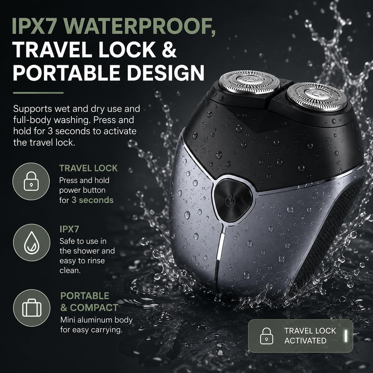 Electric Shavers for Men, Portable Cordless Electric Travel Razor for Men Face, IPX7 Waterproof Wet Dry Shaver, Type-C Fast Charging Men’s Razor with Magnetic Head Cover,Travel Lock & Storage Pouch image 3