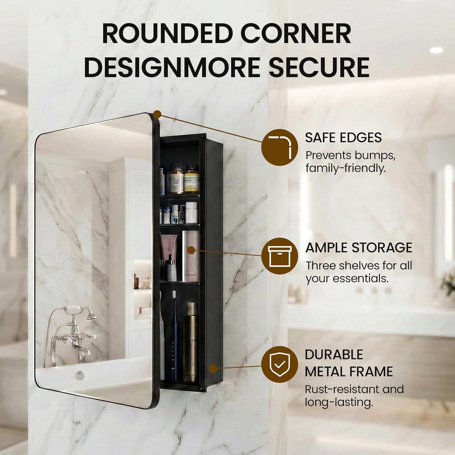 Medicine Cabinet with Mirror, 20x30 Inch Aluminum Bathroom Cabinet with Adjustable Shelves, Built-in Makeup Storage, Recessed or Surface Mount, Soft Close Hinges, Matte Black