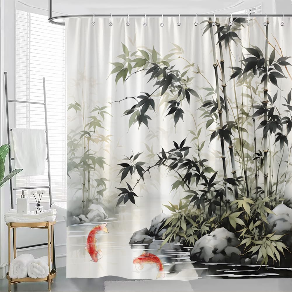 GLWDMB 1 Piece 180x200CM Koi Fish and Serene Water Scene Printed Shower Curtain With Hook, Polyester, for Windows And Walls, Bathtub, Bathroom, Machine Washable, All Season Universal