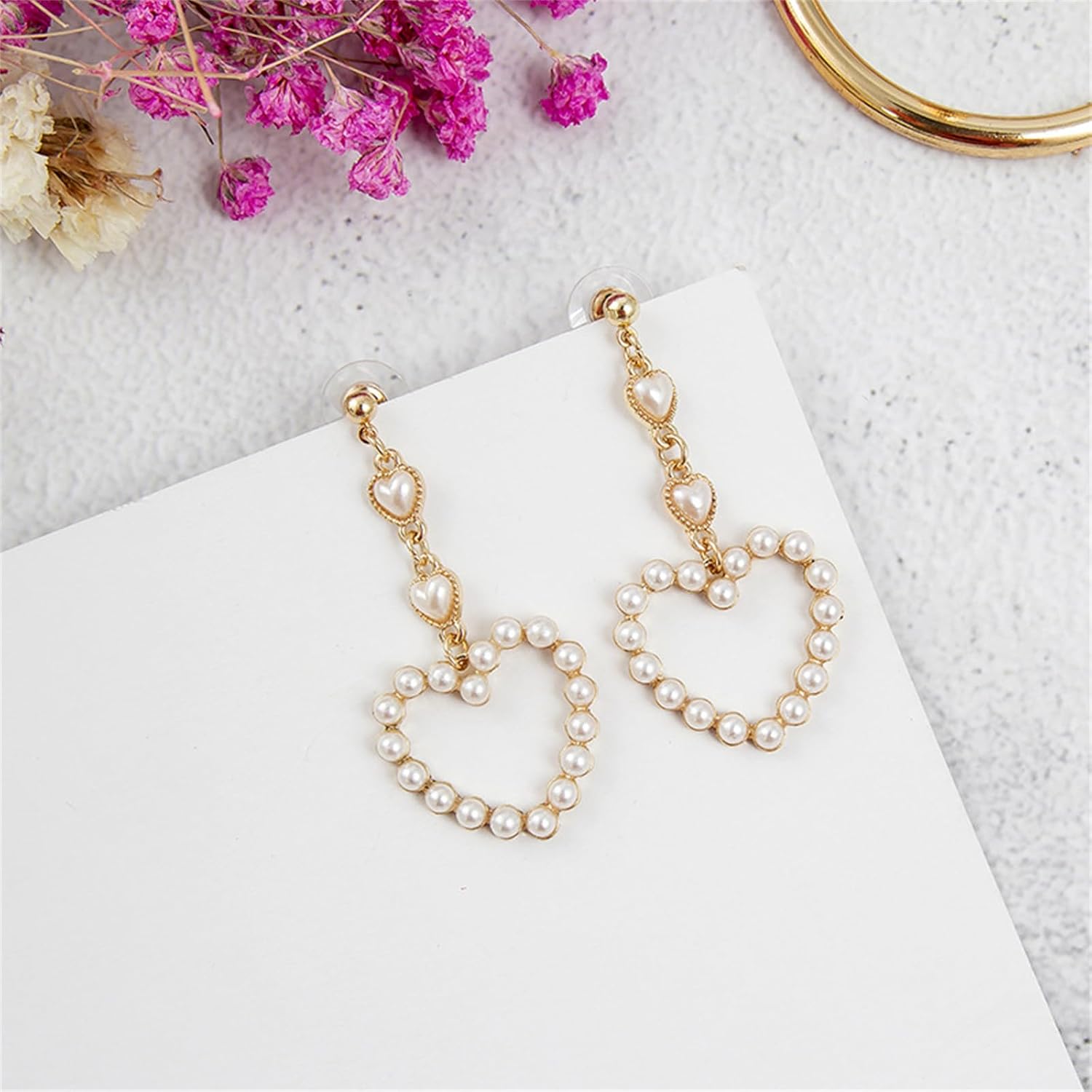 WCRAZYE Pearl Heart Earrings for Women Girls Dainty Handmade Gold Pearl Red Diamond Love Heart Shape Dangling Drop Tassel Earrings Gift Valentine's Day Christmas - Image 4