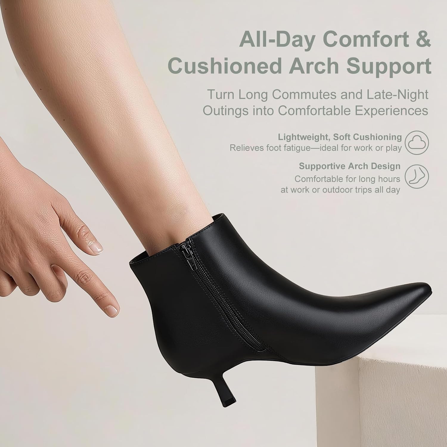 Kitten Heel Ankle Boots for Women - Black Kitten Heels Ankle Booties Womens Winter Fall Boots for Women 2025, Dress Shoes, Pointed Toe, Side Zipper, Memory Foam, Leather, Low Heel, Short Boots Comfortable - Image 4
