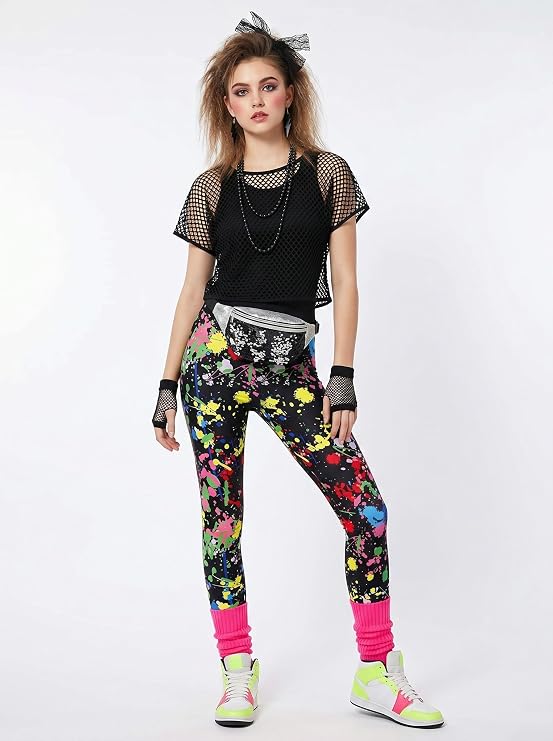 CICOCI 80s 90s Outfit For Women Neno Party Fishnet Top1980s Costume with 80s Accessories Set Retro Party Leg Warmers Headband