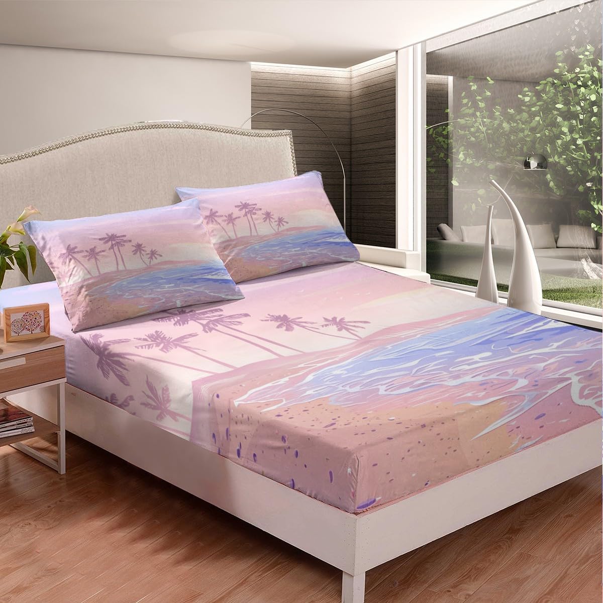 Homewish Pink Beach Sheet Set Twin Size,Coconut Tree Bedding Set 3Pcs for Kids Boys Girls Teens Bedroom Decor,Ramantic Hawaii Sea Style Bed Sheet Sweet Summer Ocean Top Flat Sheet,1 Pillowcase