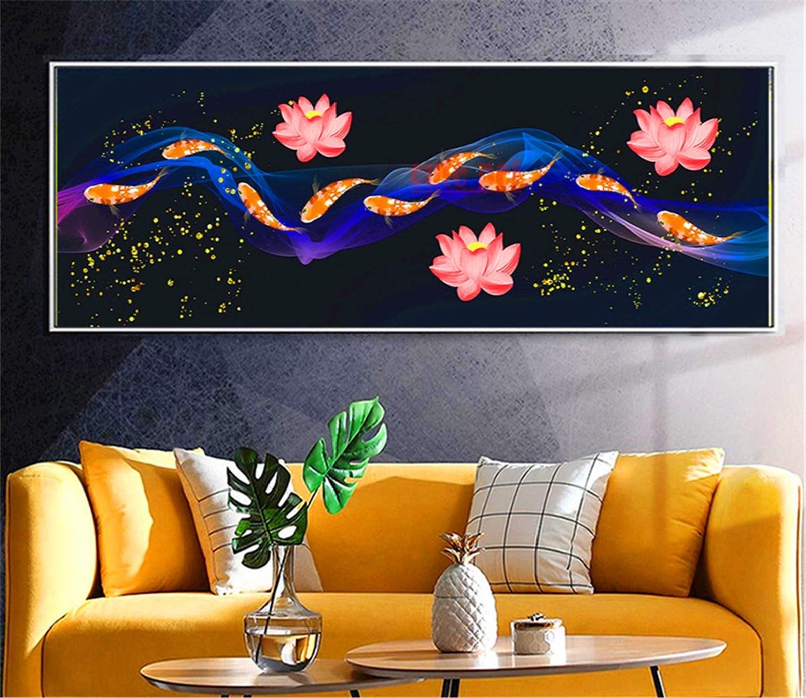 Broderie diamant lotus et poissons pour décorer un salon ou une chambre