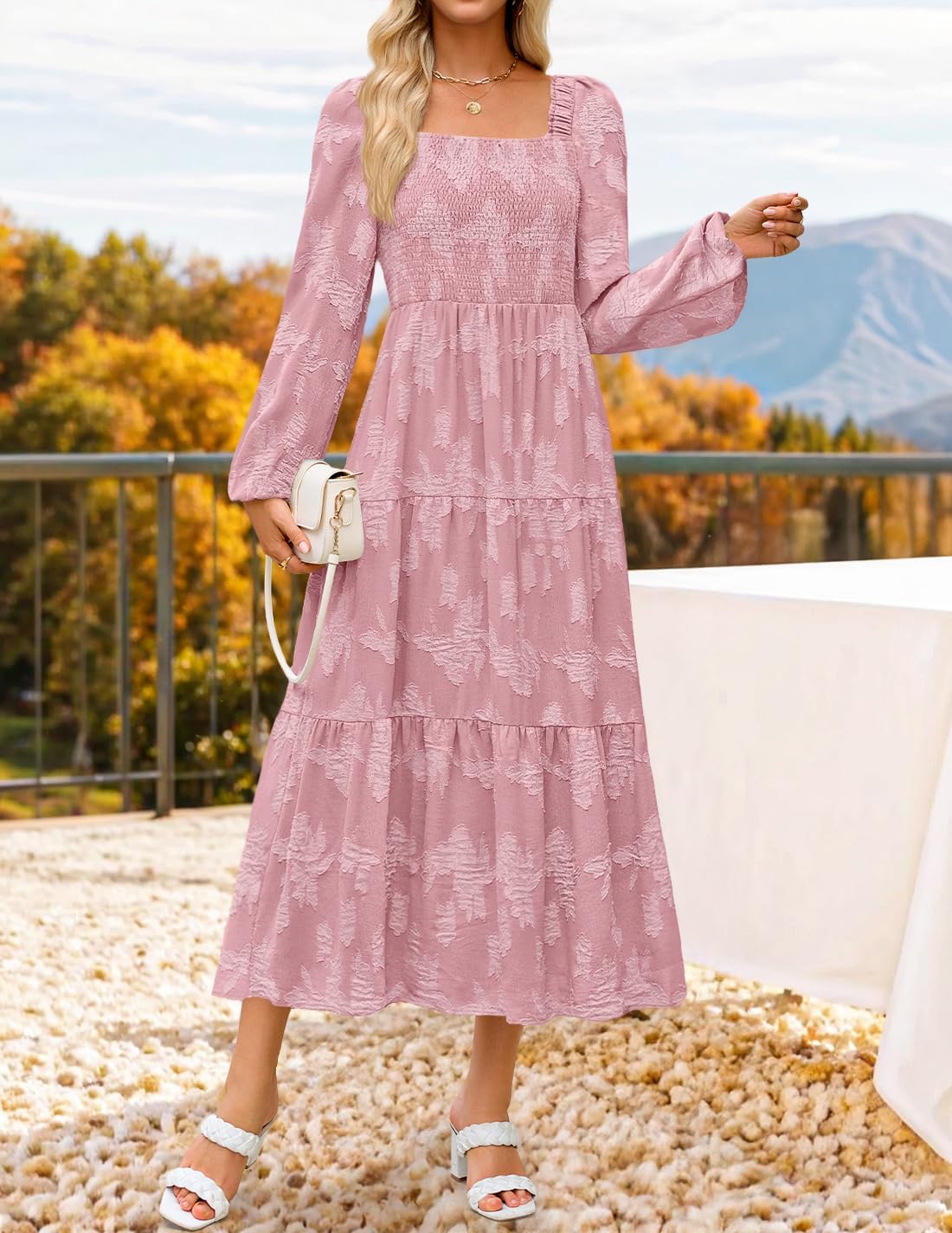 ZESICA Women's 2026 Spring Floral Midi Dress Long Sleeve Smocked Flowy Long Wedding Guest Vacation Dresses - Image 2