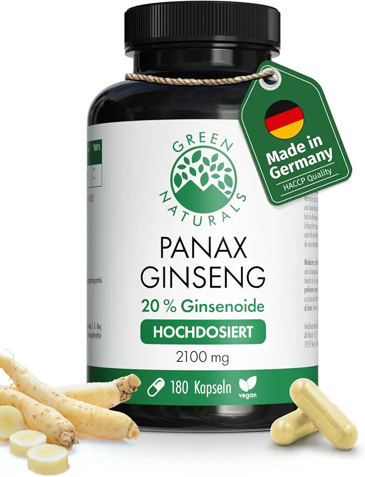 Ginseng bei Müdigkeit und Leistungsschwäche 2 Green Naturals® Panax Ginseng - Hochdosiert: 2100mg Koreanischer Panax Ginseng Extrakt mit 20% Ginsenoide pro Tagesdosis - Panax Ginseng C.A. Meyer - 2 Monate Vorrat - 180 Kapseln
