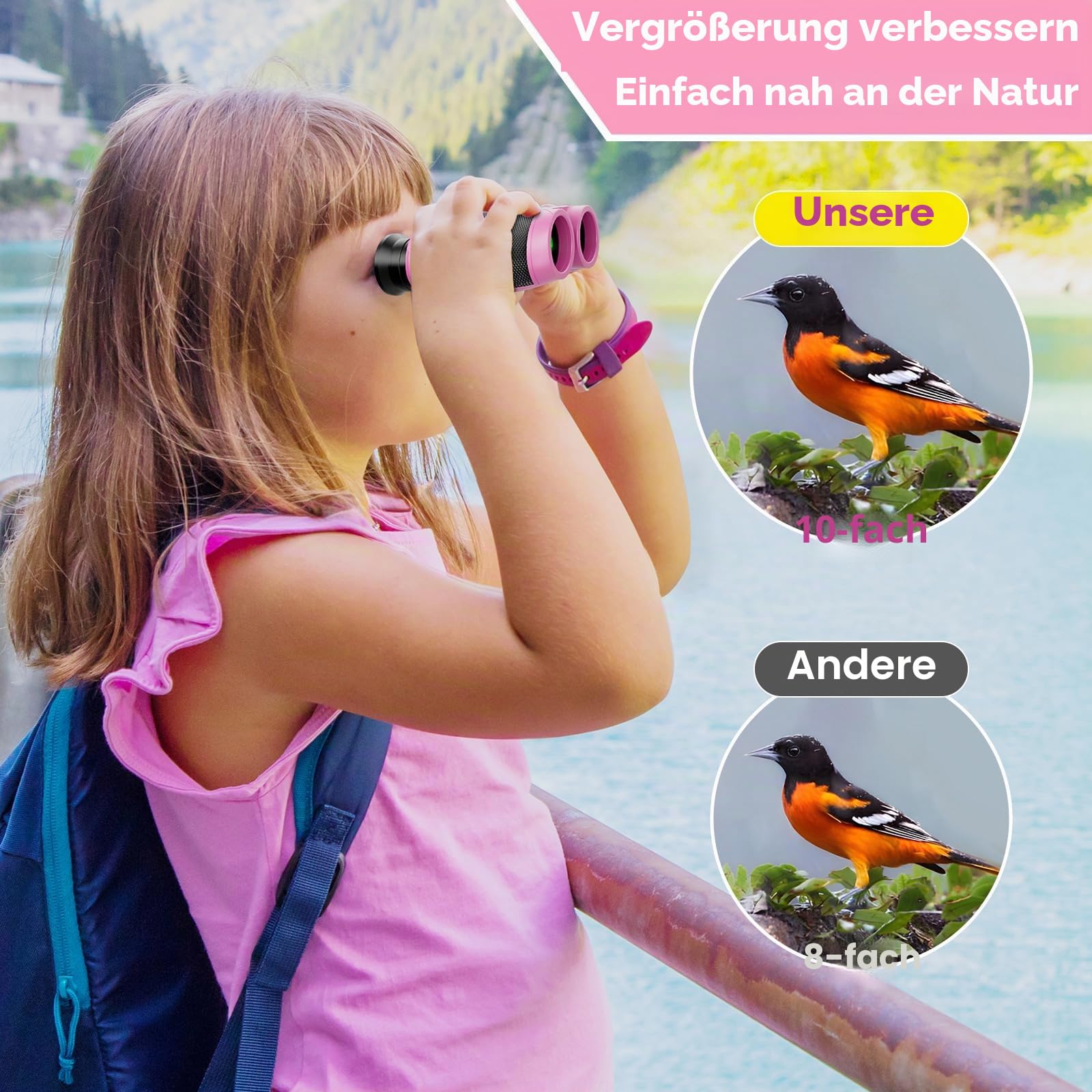 Kompaktes Fernglas für Erwachsene & Kinder, 10x25, echte Optik für Outdoor, Reisen & Camping, Rosa