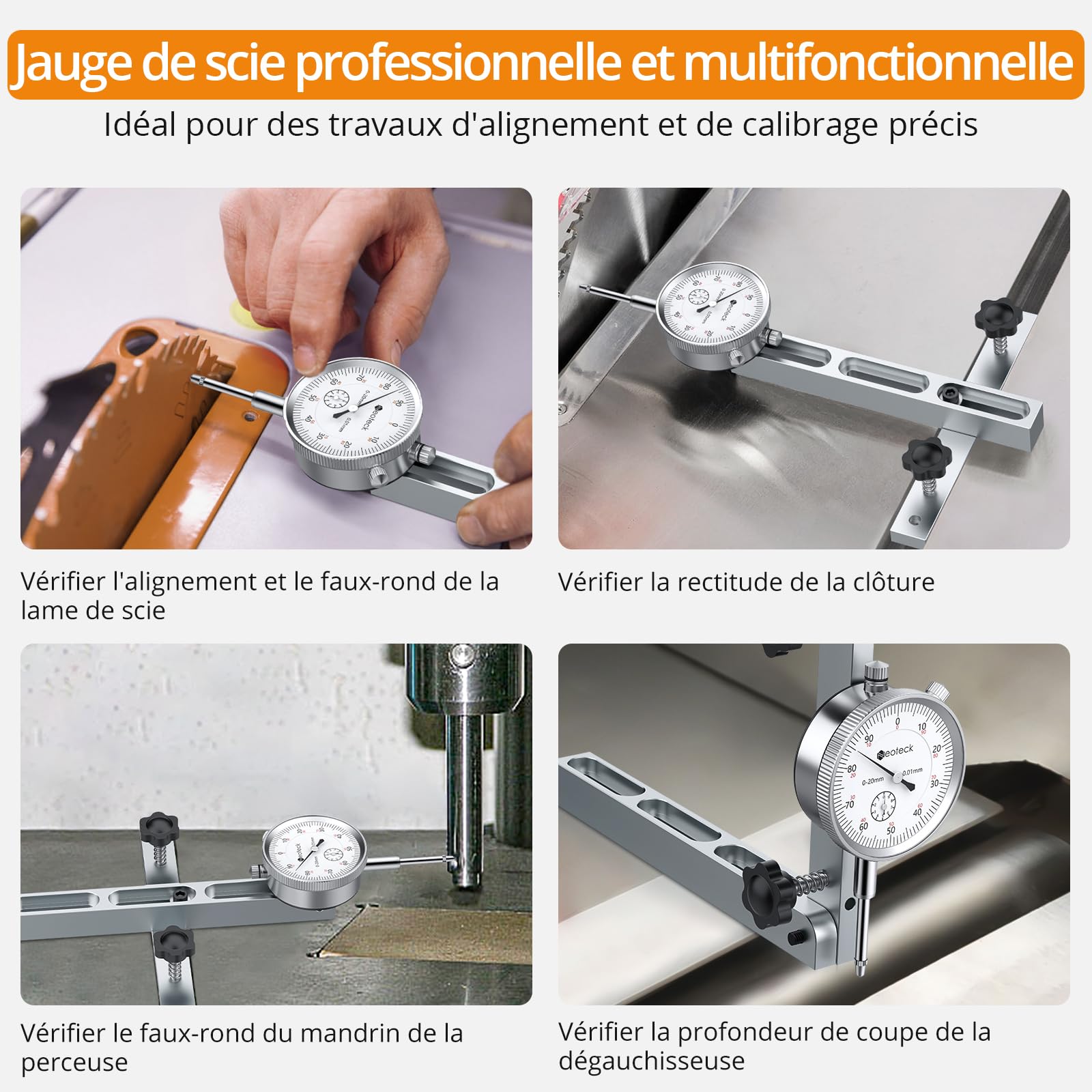 Neoteck 0-20mm Comparateur Mécanique pour Scie à Table Résolution 0.01mm avec Barre en Aluminium Anodisé Fixation à Trois Glissières Indicateur à Cadran Mécanique pour Scies Circulaires à Table