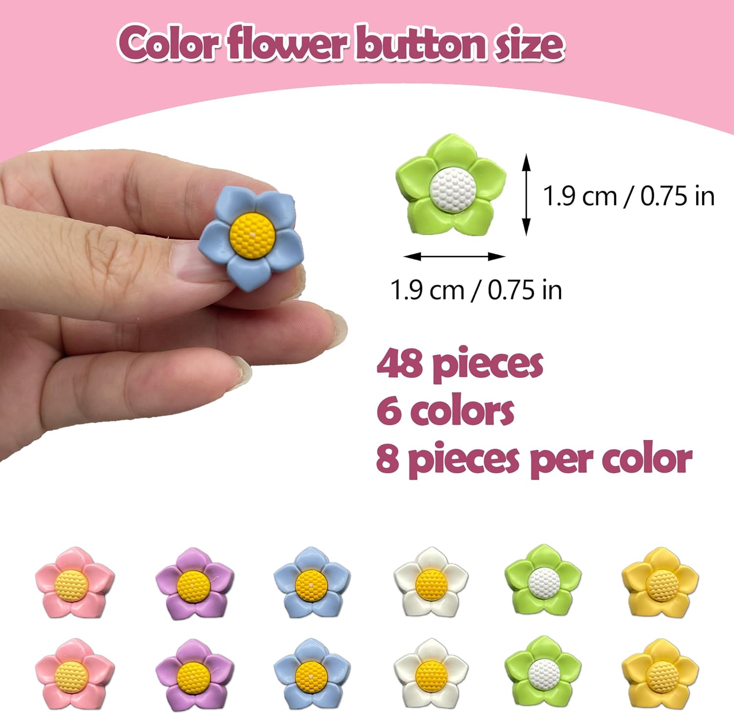 DHER 48pcs Small Fresh Flower Buttons, Decorative Buttons Sewing Colorful Sweet Hand Sewn Buttons, Hair Accessories Jewelry Clothing Decorative (C, 19mm)
