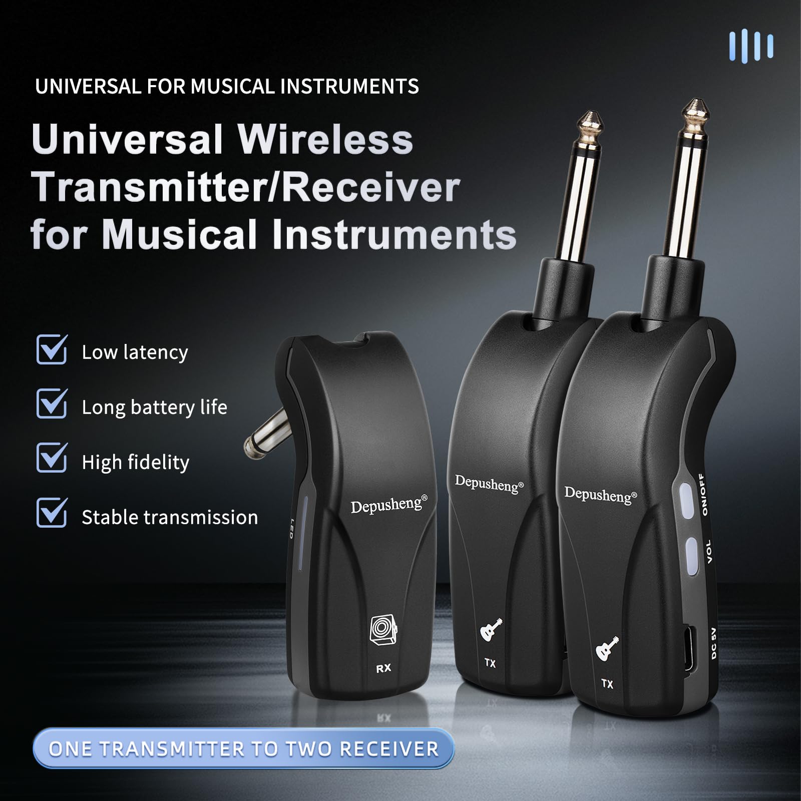 Depusheng GT1 2,4 GHz Wireless Guitarra Sistema Silenciador Receptor + 2 Transmisores, Batería 10h USB-C, para Guitarra eléctrica, bajo, Ukelele (Receptor + 2 transmisores)