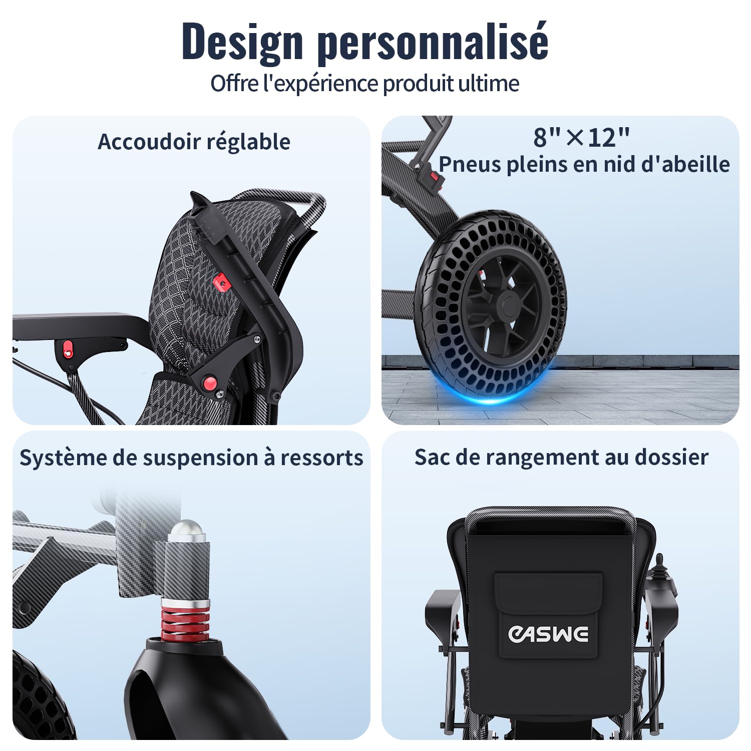 Fauteuil Roulant Électrique Pliable Ultra-Léger de 20 kg avec Pneus Alvéolés, Moteurs Doubles 500W, Pour Seniors et Adultes, 24AH