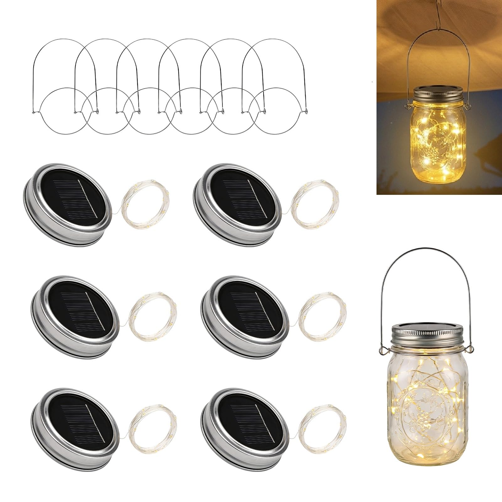 6 unidades 3 m 30 LED blanco cálido cristal solar tapa cadena de luces para vasos, lámparas solares, farolillos exteriores impermeables para tarros de Mason Jar colgantes, farolillos de luz, jardín