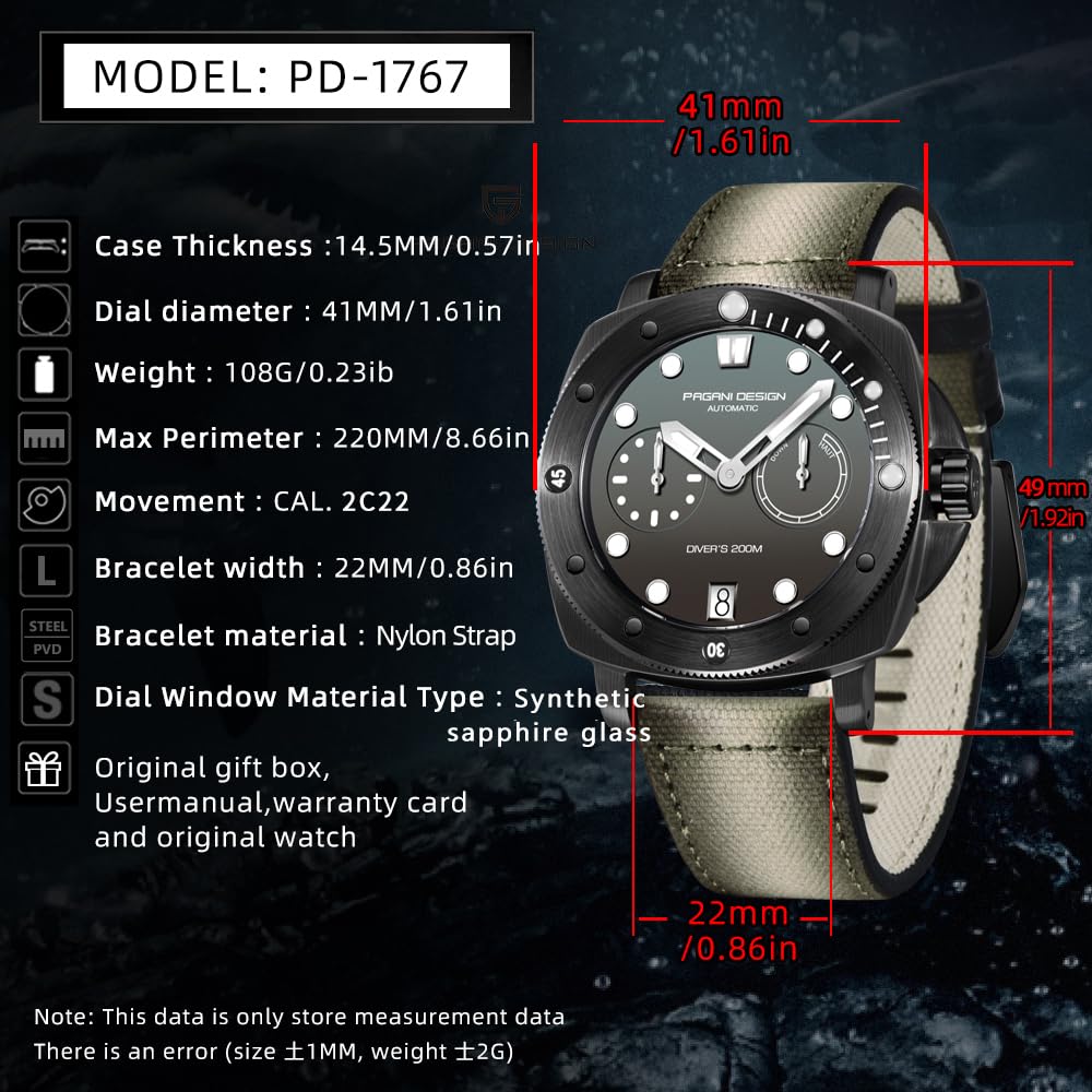 Pagani Design męski zegarek automatyczny szafirowy kryształ obudowa ze stali nierdzewnej nylonowy pasek sportowy zegarek wojskowy 200 metrów wodoodporny model 1767