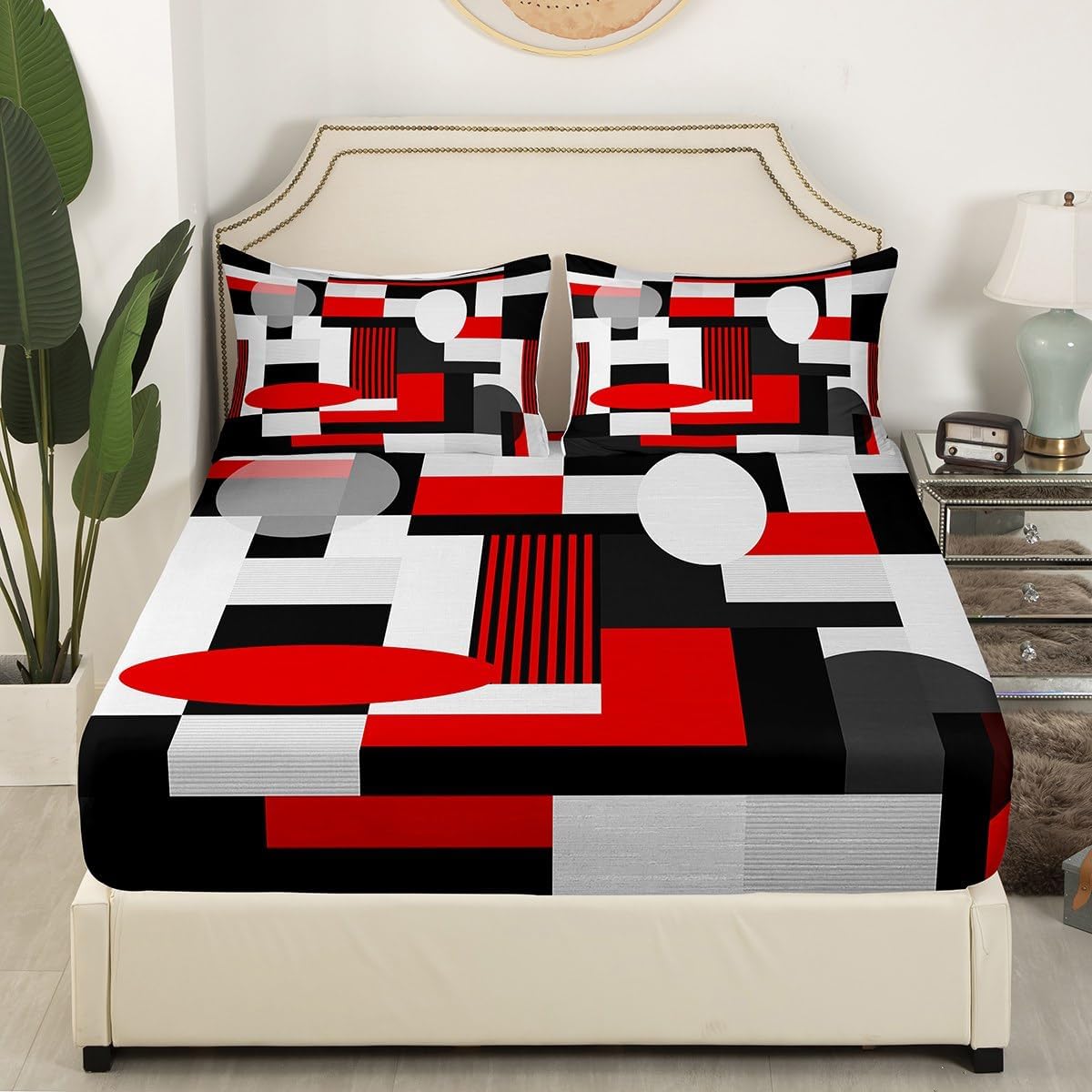Feelyou Geometric Fitted Sheet Full Size Kids Red White Black Bedding Set for Boys Girls Teens Rectangle Square Bed Sheet Set Modern Abstract Art Bed Cover Deep Pocket Room Decor - Image 3