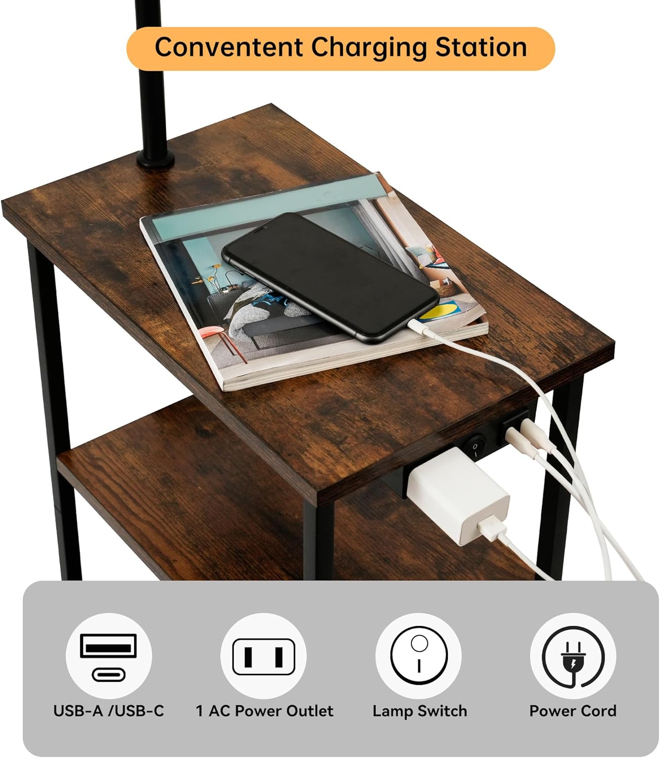 Floor Lamp with Table, Narrow Side Table with Fabric Basket, USB-A/USB-C Charging Station and AC Port, 3 Color Temperatures 12W LED Bulb, End Table for Bedroom, Living Room and Home Office, Brown