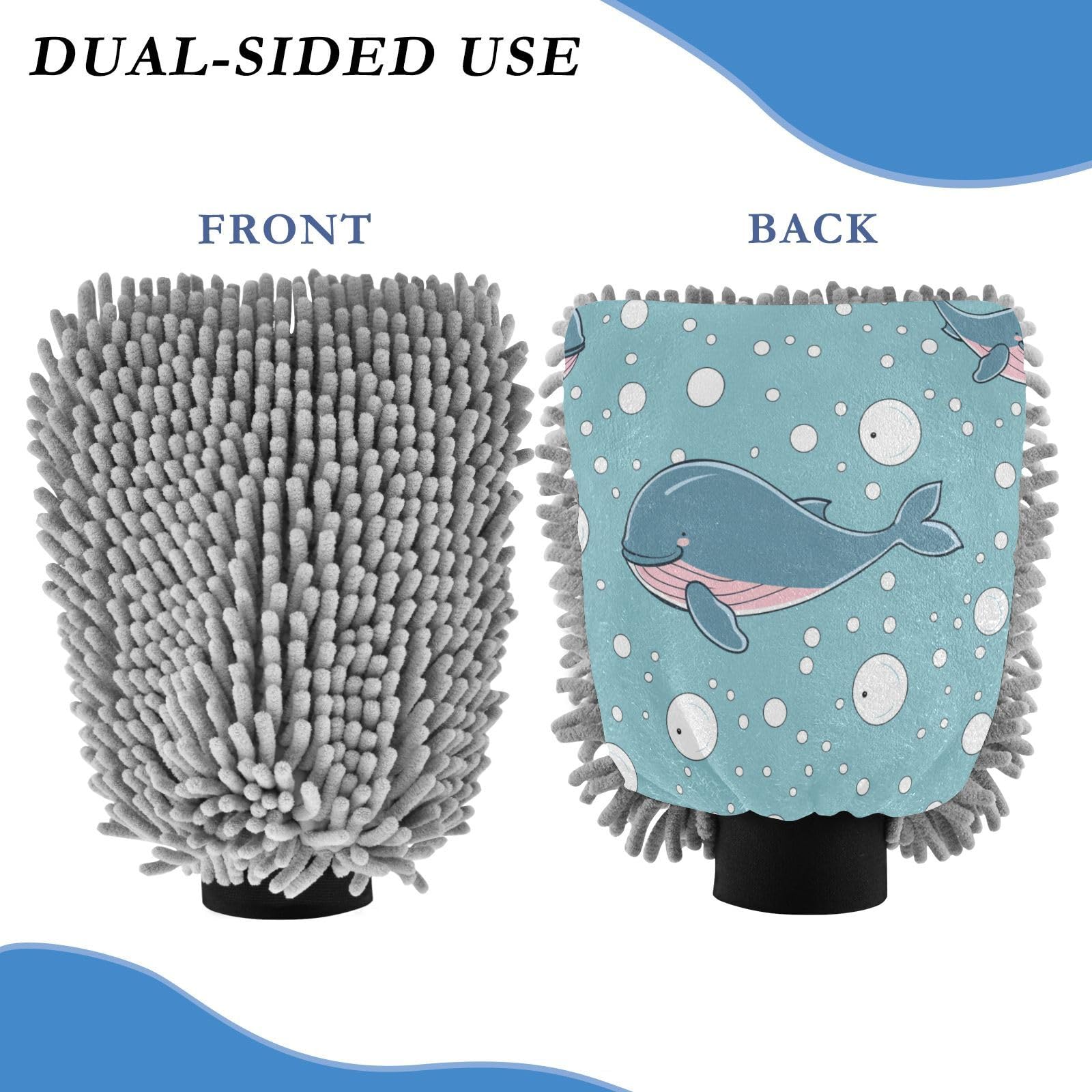 ALAZA Whale Bubble Car Wash Mitt Scratch Free, 2 Pack Absorbent Microfiber/Chenille Washing & Drying Mitts, L