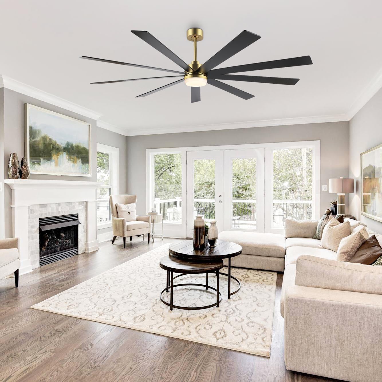 84" DC Motor Ceiling Fan with Light, 6-Speed Remote Control, Reversible Motor, Modern 9 Blades Ceiling Fan with 4.5"/12"/24" Downrods for Home or Commercial Black/Gold