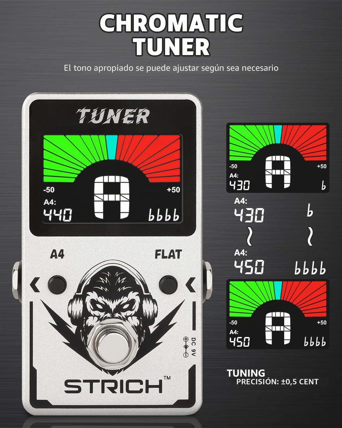STRICH Pedal sintonizador de guitarra con pantalla grande a color, afinación cromática de precisión, 430-450Hz A4, True Bypass para guitarra eléctrica y bajo, Plata