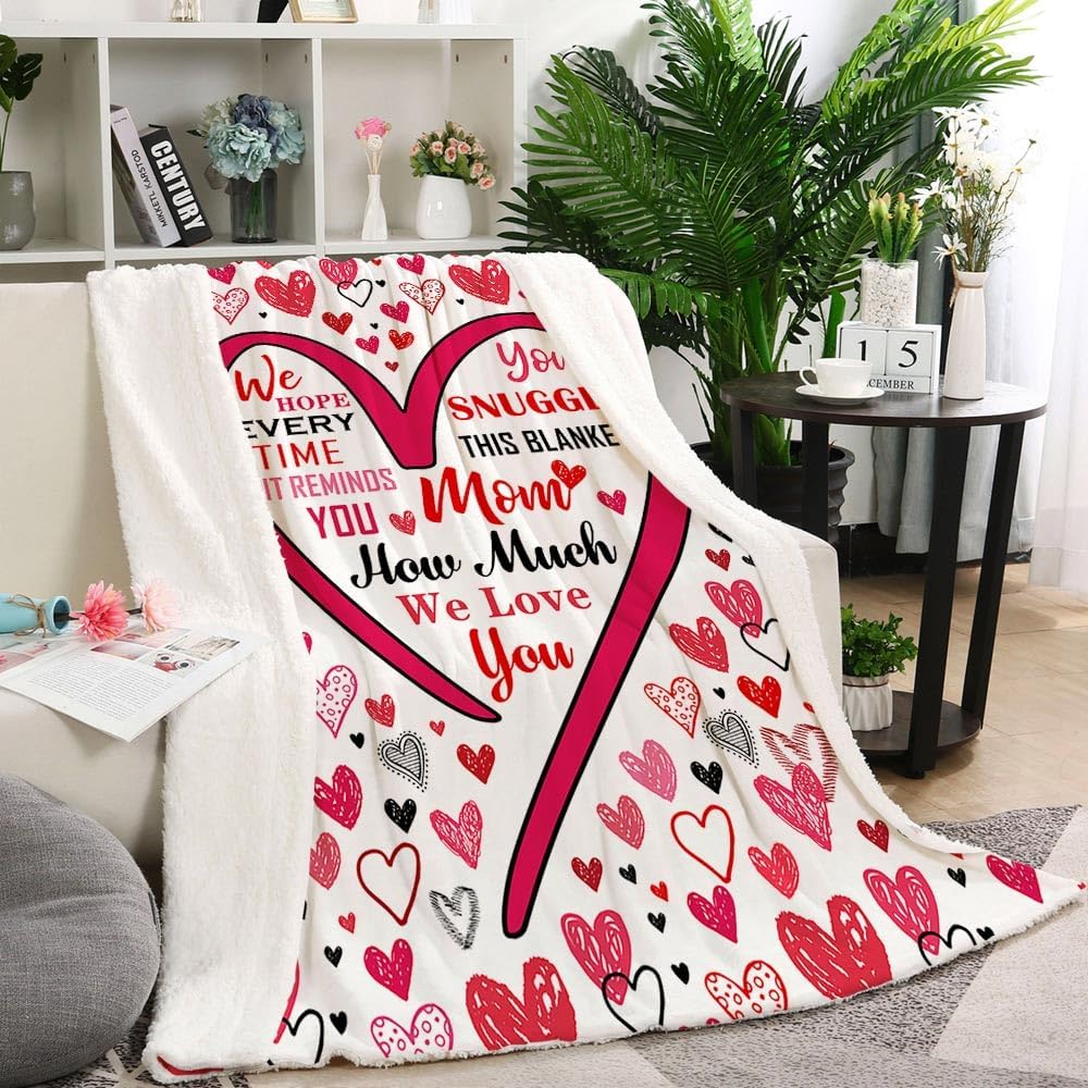 Valentines Day Gifts for Mom, Heart Blanket Mothers Day Birthday Gifts for Mom, to My Mom Gifts from Daughter Son, Presents for Mother, I Love You Mom Blanket (Heart,60X50in)