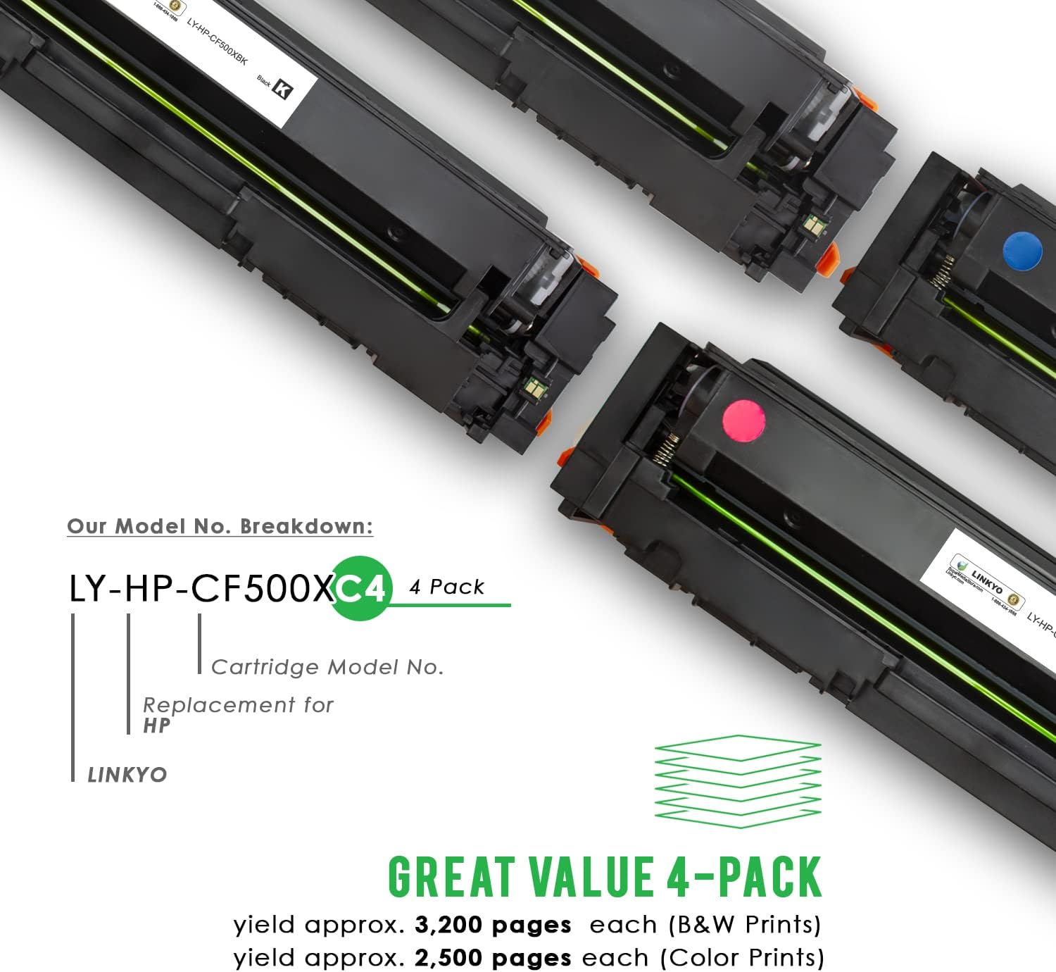 LINKYO Compatible Toner Cartridge Replacement for HP 202X CF500X CF501X CF502X CF503X High Yield 202A (Black, Cyan, Magenta, Yellow, 4-Pack)