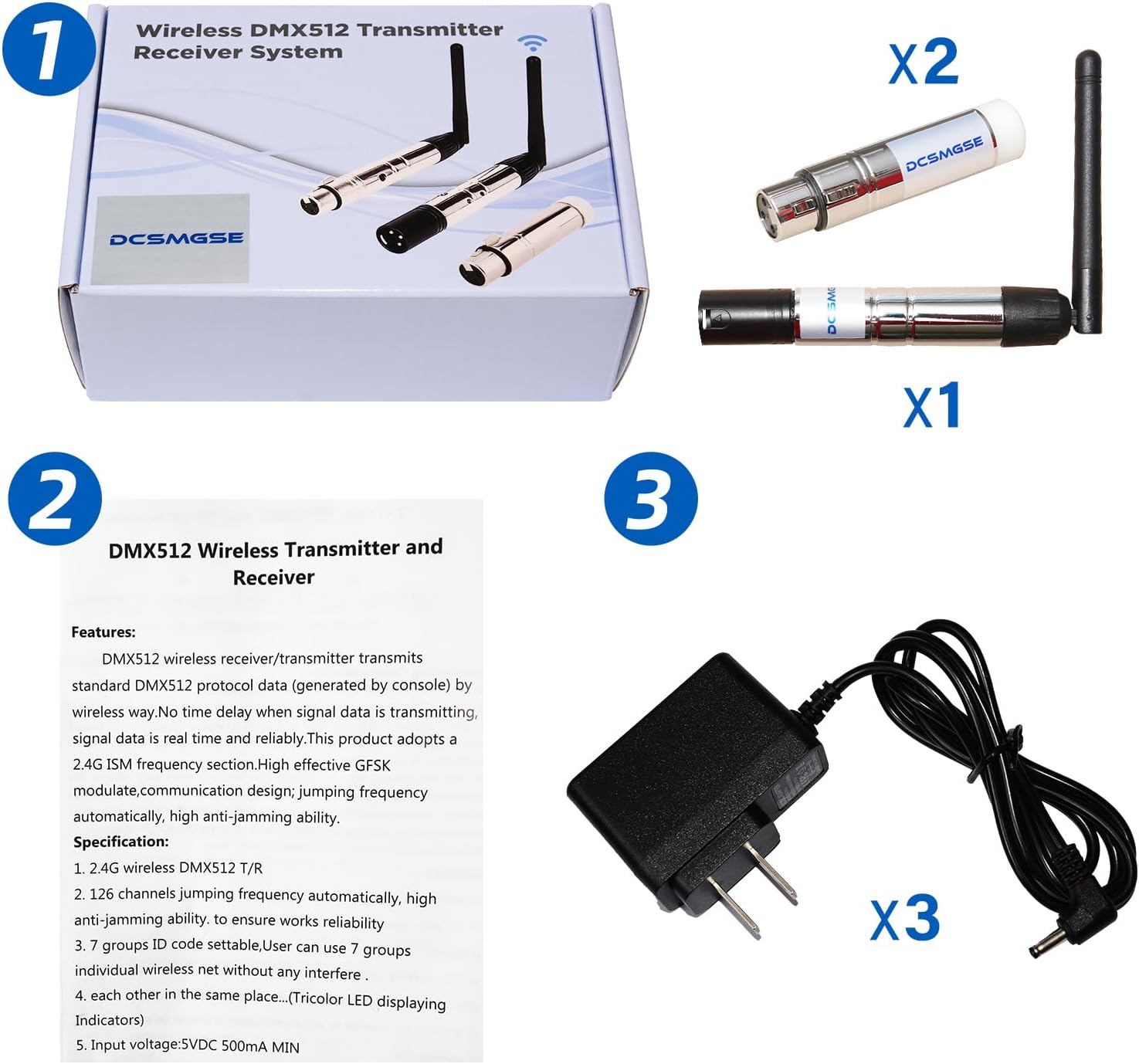 DMX Wireless, 3PCS DMX512 DMX Dfi DJ 2.4G Wireless 2 Receiver & 1 Transmitter Stage Lighting Control