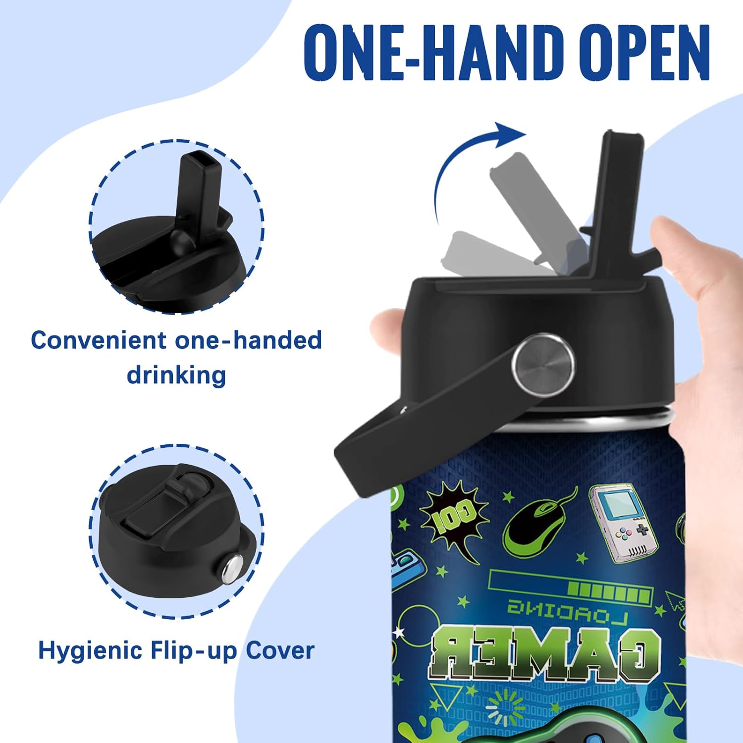 Game Gift for Kids - 18 oz Game Water Bottle with Straw Lid, Green Game Kids Stainless Steel Insulated Water Bottle, Leak Proof, BPA-Free, Gamer Cup for School, Travel, Gift for Games Lover Birthday - Image 3