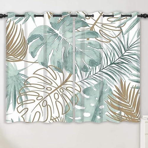 Miniatura 3 de Renaiss Cortinas opacas de hojas tropicales, hojas de Monstera de palmera verde, con aislamiento térmico, para dormitorio, plantas botánicas,